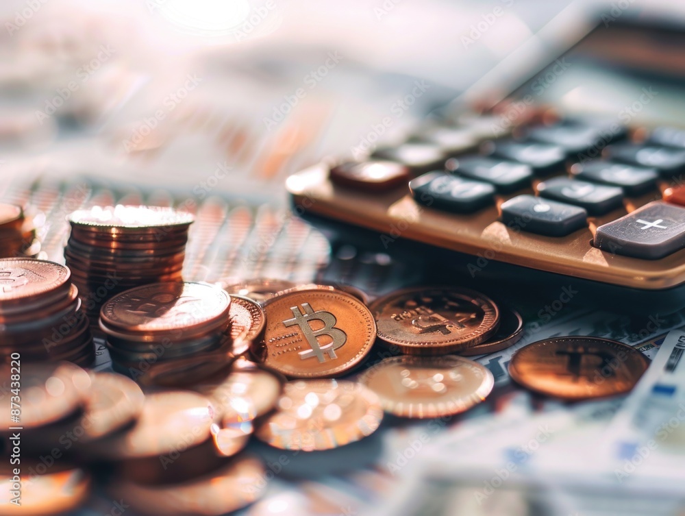 Aufkleber a pile of coins and a calculator sit on a table. the coins are of varying sizes and are scattered ar