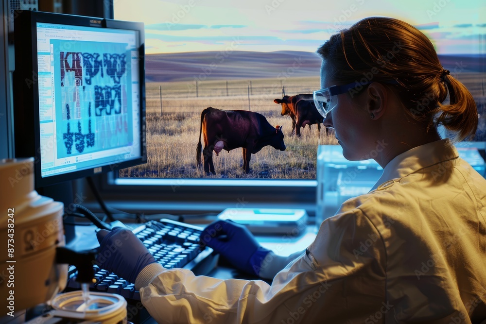 Aufkleber geneticist analyzing animal dna samples with cattle in field visible through lab window