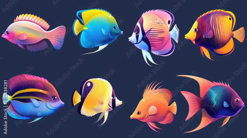 Poster a collection of colorful fish with different shapes and sizes. the fish are arranged in a row, with 