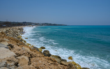 Seascape with azure sea and rocks,