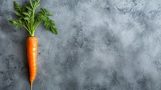 A single, slender carrot with green tops, placed on a smooth, neutral surface