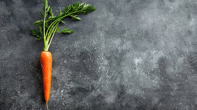 A single, slender carrot with green tops, placed on a smooth, neutral surface