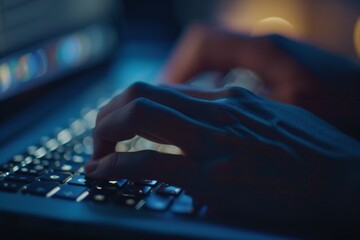 Men are using laptop keyboards to type; they work, study, start businesses, and play computer games at night. up close picture.