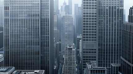 An aerial perspective of a city with tall skyscrapers and buildings, taken during the late afternoon