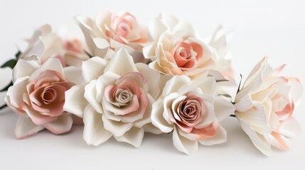 A sophisticated bouquet of white and pink paper roses, with each flower showing intricate petal details, on a clean white background.