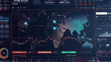 A sophisticated financial dashboard with real-time cryptocurrency rates and trends, underlined by a digital map of world markets.