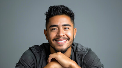Obraz premium hispanic handsome man smiling Sitting with hands clasped behind head --ar 16:9 Job ID: 5e59205f-dd4b-4b87-9e21-328e9d4e30a2
