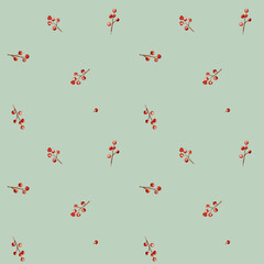 Watercolor seamless pattern of branches with Christmas red berries of ilex. New Year plant. Hand drawing illustration on isolated background. Repeat pattern of Winter Festive Natural Decoration.