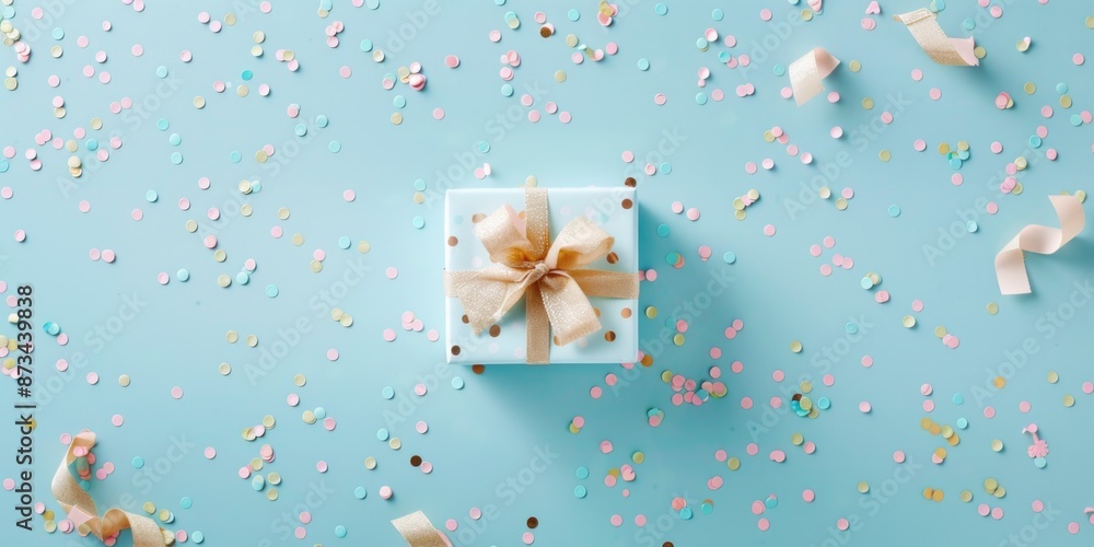 Poster a box with a bow on top sits on a blue background with confetti. the confetti is scattered all over 