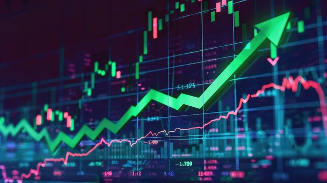 A stock market chart with a glowing green arrow climbing upwards and a red arrow descending, representing clear bullish and bearish trends.