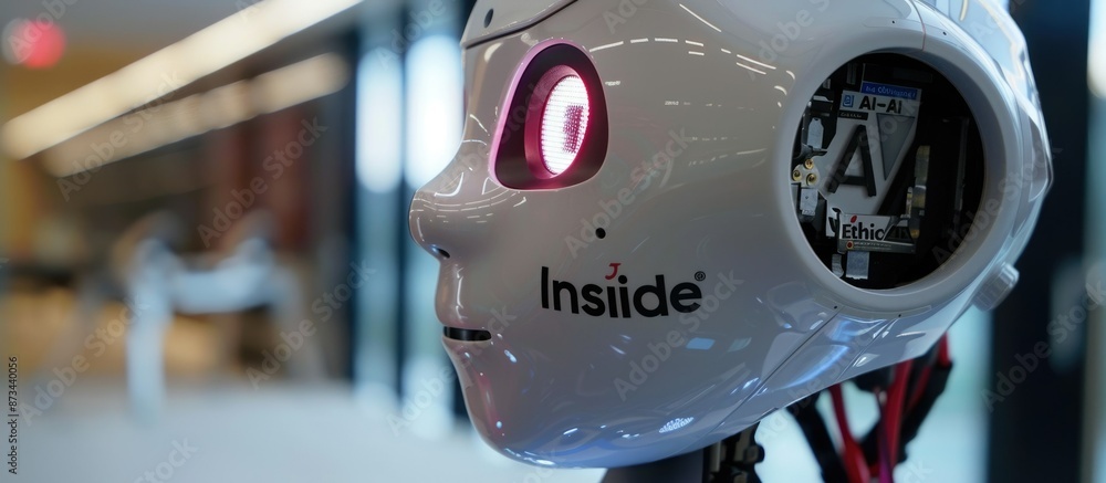 Poster the hightech ai robot helmet features a neon interface in a futuristic advanced technology environme