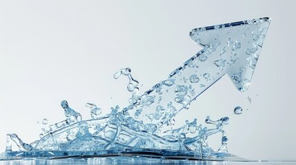 A 3D arrow made of flowing water, rising upwards, symbolizing liquidity and financial growth, on a stark white background.