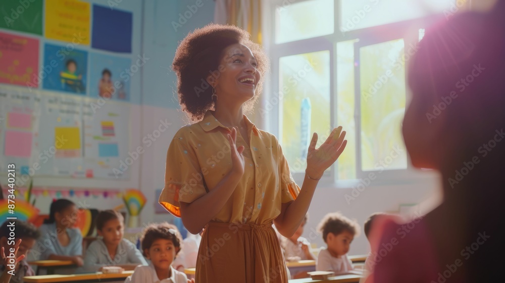 Poster happy smart teacher talking or making group discussion with diverse student at bright classroom. att