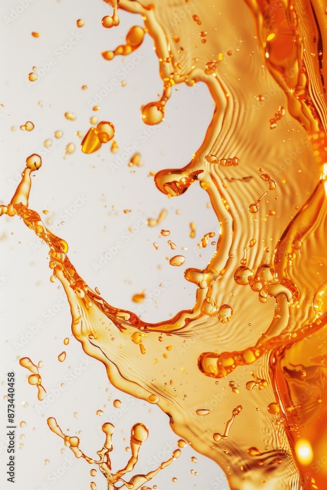 Poster a splash of orange liquid with droplets falling from it. concept of motion and energy, as if the liq