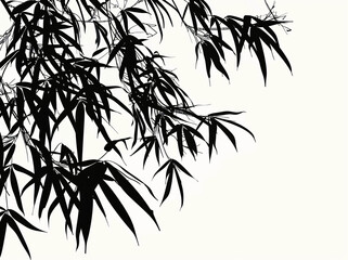 Obraz premium Bamboo leaves, vector illustration style, black and white silhouette on a white background, high resolution, high quality, high detail with simple lines and minimalist details. A close-up of bamboo sh