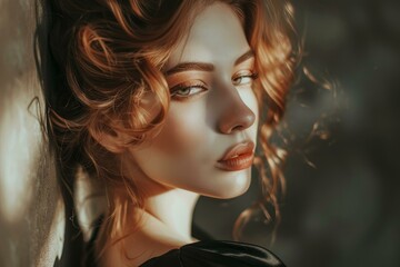 Naklejka premium Close-up of a beautiful woman bathed in warm sunlight, exuding elegance and grace