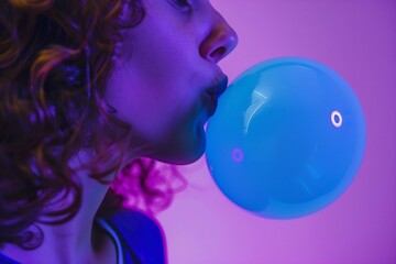 Naklejka premium Woman with Curly Hair Blowing a Blue Bubble Gum