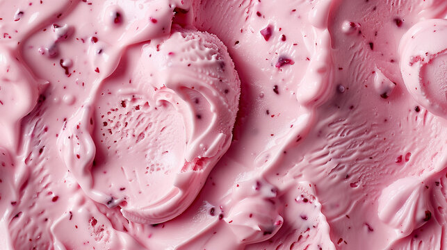 Close-up of creamy pink ice cream texture with berry bits

