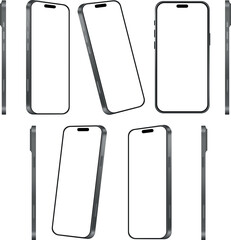 Six Different Angles of a Black Smartphone Iphone  With a Blank Screen
