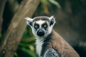 Obraz premium Portrait of a lemur in a forest setting with vivid green foliage and intense gaze