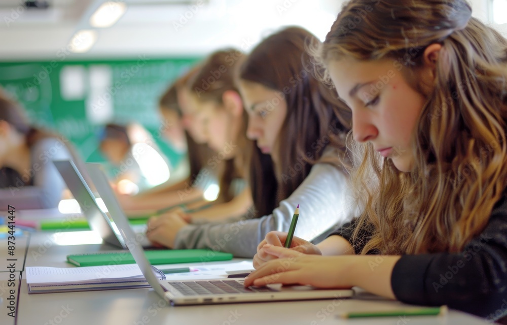 Poster focused students studying and taking notes in a classroom with laptops
