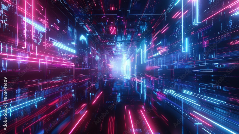 Poster a surreal cyberpunk landscape with distorted digital horizons and overlapping neon holograms, creati