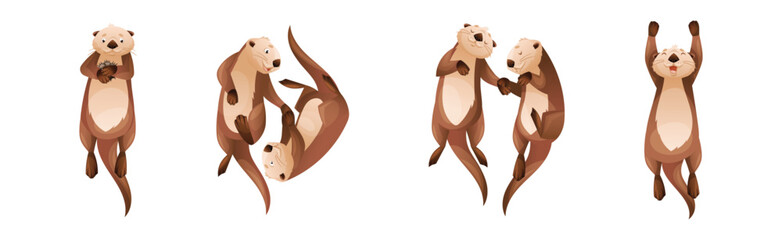 Sea Otter as Marine Mammal and Aquatic Creature with Brown Coat and Long Tail Vector Set