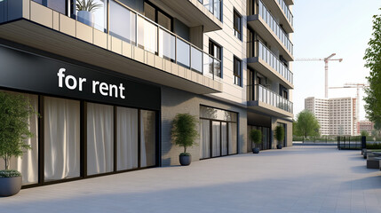 Modern apartment building with "for rent" sign

