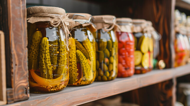 Assorted jars of pickled vegetables on a wooden shelf