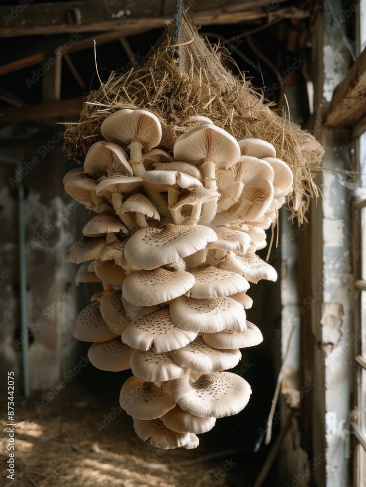 Poster a bunch of mushrooms hanging from a string. the mushrooms are white and appear to be fresh. the scen