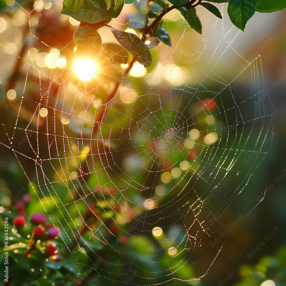 Wall mural close-up of spider web on bushes with sun in background.