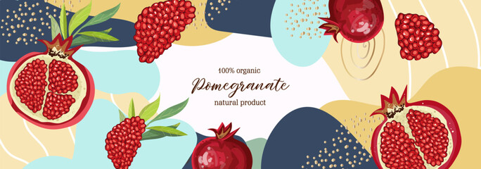 Vector horizontal banner with drawings of pomegranate, garnet fruit and abstract elements. Hand drawn illustrations.