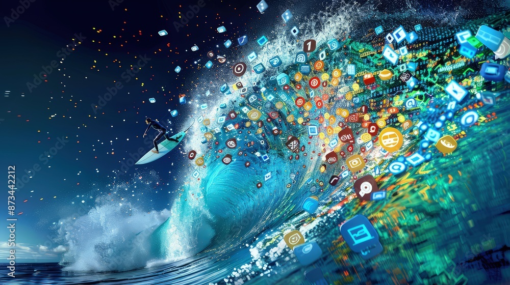 Poster a bold graphic of a surfer riding a wave made up of computer code and software icons, symbolizing su