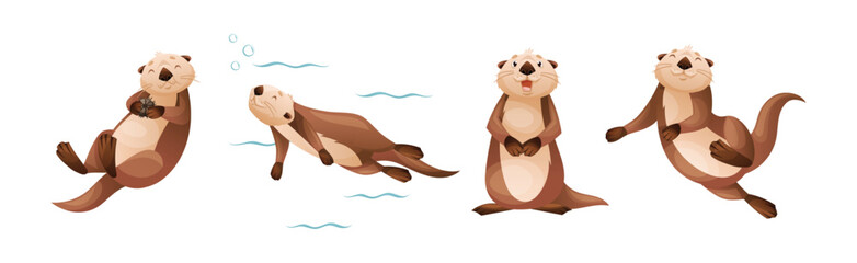 Sea Otter as Marine Mammal and Aquatic Creature with Brown Coat and Long Tail Vector Set