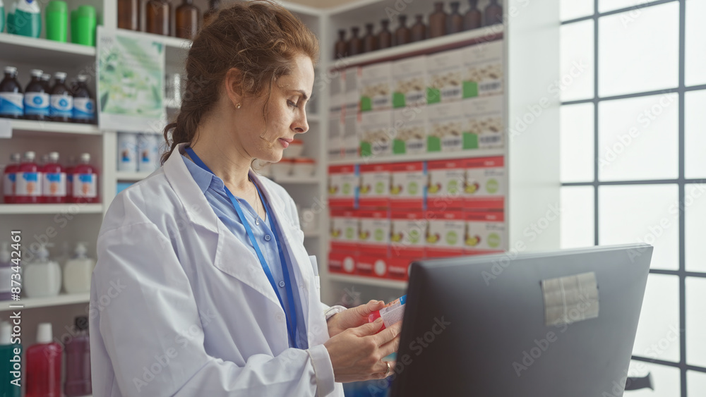 Canvas Prints A young caucasian woman pharmacist reviews medication in a bright pharmacy while working on her laptop.