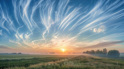 A tranquil sunrise scene with delicate wisps of cirrus clouds painting the sky in soft pastel tones over a serene landscape.