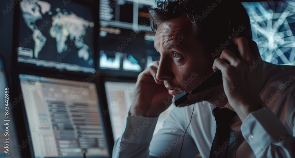 Poster focused it support officer in control room with multiple monitors and headset
