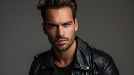 Obraz premium Serious Handsome Man in Black Leather Jacket 
