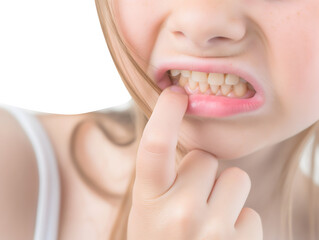 Fototapeta premium Close-up of unrecognizable girl pointing at one of her teeth making a pain gesture.