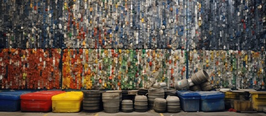 Fototapeta premium Colorful Plastic Waste Wall with Industrial Barrels