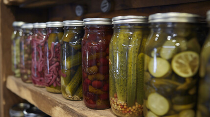 Row of Jars with Preserved Vegetables on Wooden Shelf
