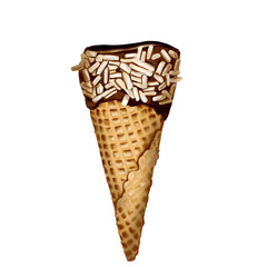 Waffle cone for ice cream. Empty . Topped with dark chocolate and sprinkled with white chocolate sprinkles.  cone shape. Classical. Watercolor illustration.