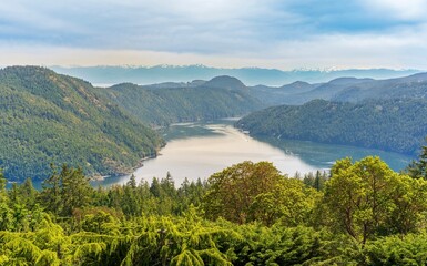 Ocean inlet viewed from the Malahat near Greater Victoria on Vancouver Island, Canada 