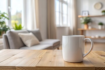 Obraz premium White empty mug on wooden table in cozy home interior, white, cup, mug, empty, clean, simple, tabletop, minimalistic