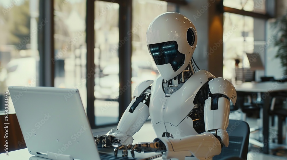 Aufkleber futuristic robot working on a laptop in a modern office setting. concept of artificial intelligence 
