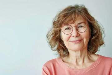 Fototapeta premium A woman with glasses and a pink shirt is smiling. She has a lot of hair and is wearing glasses