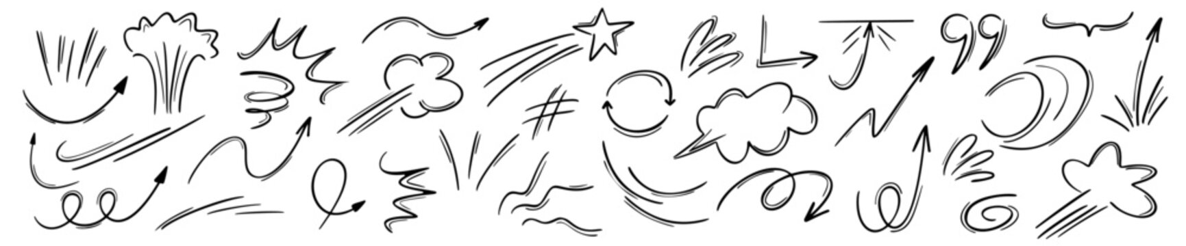 Line motion hand drawn comic lines. Cute crayon pencil or marker fun manga icons of explosion, speed arrow. Vector illustration of funny anime movement charcoal scribbles or emoticons.