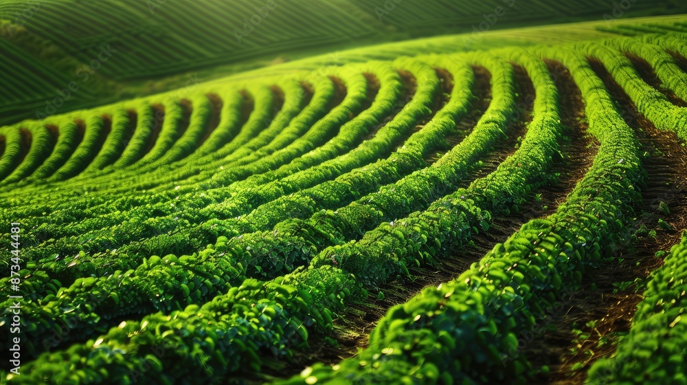 Poster a vibrant green field where rows of plants are grown to create an upward curve pattern, representing