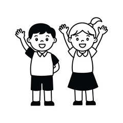 two happy school kid waving hands vector line art