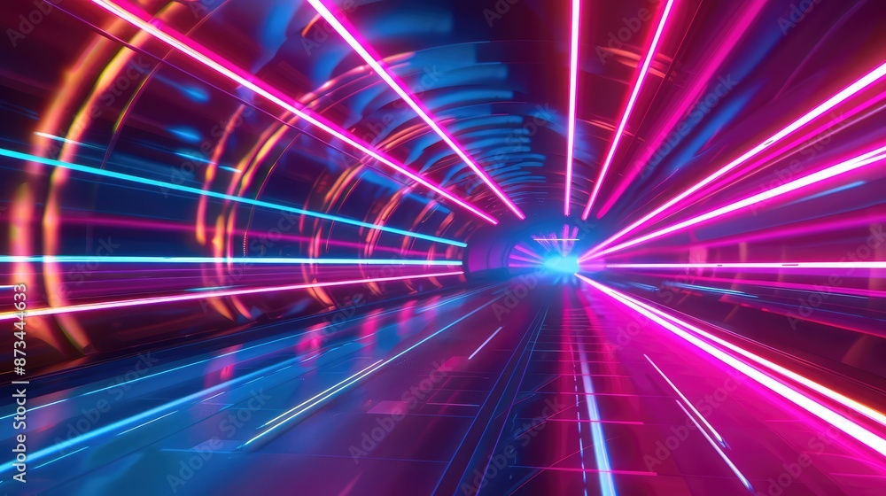 Poster a vibrant neon tunnel with streaks of light zooming towards the viewer, creating a sense of high-spe